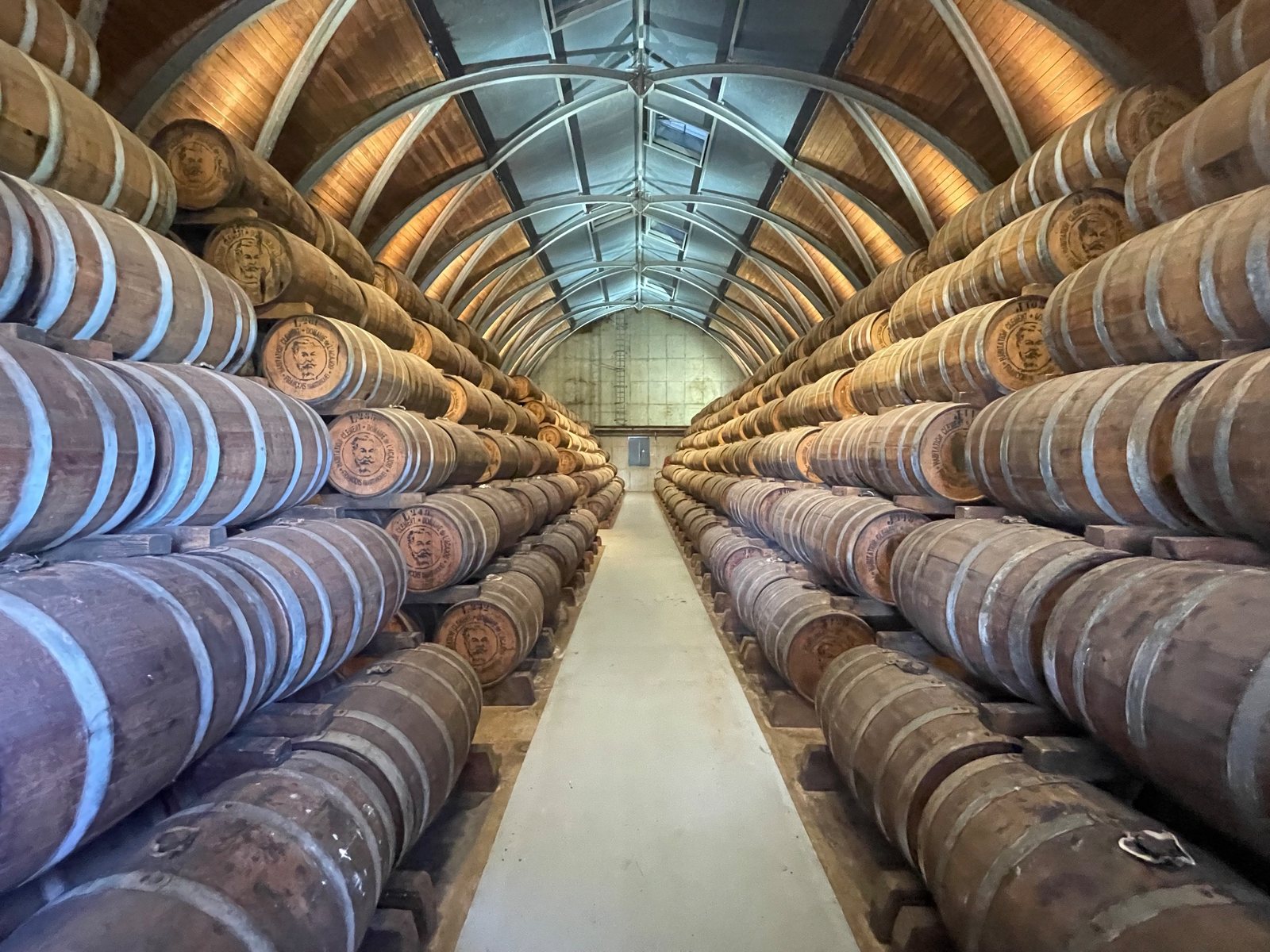 Fûts de rhum dans un chai de l’Habitation Clément