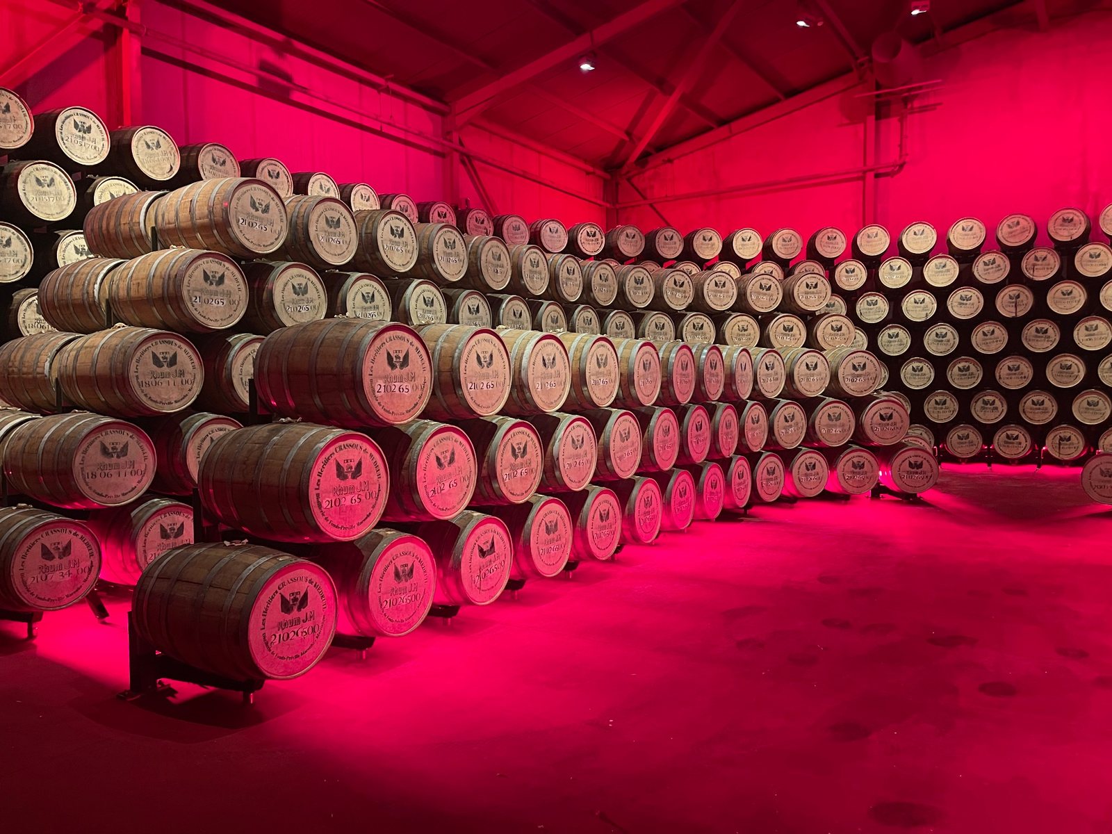 Fûts de vieillissement de Rhum J.M dans un chai éclairé en rouge